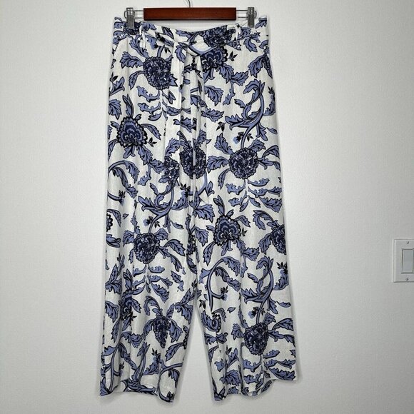 Joie Wide Leg Cropped Floral Pants Size 10 Pockets Linen Blend Blue White - Picture 1 of 10